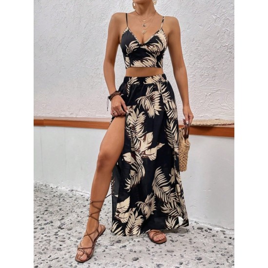 Kadın Ip Askılı V Yakalı Arkadan Bağlamalı Desenli Süprem Krop Bluz Ve Uzun Yandan Yırtmaçlı Etek, 31308