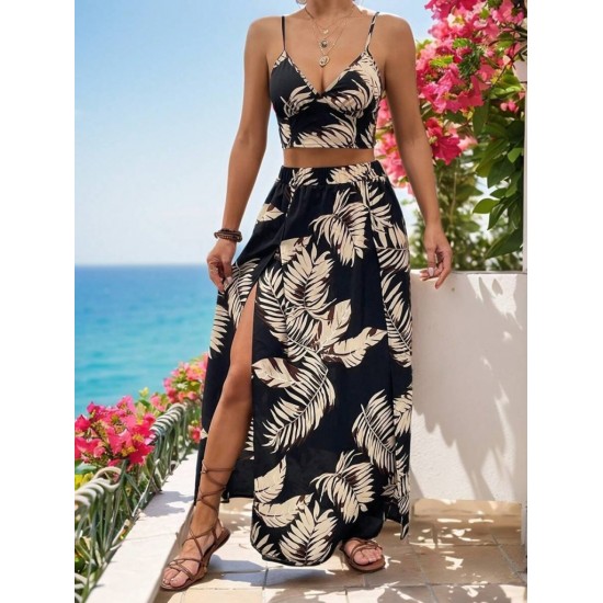 Kadın Ip Askılı V Yakalı Arkadan Bağlamalı Desenli Süprem Krop Bluz Ve Uzun Yandan Yırtmaçlı Etek, 31308