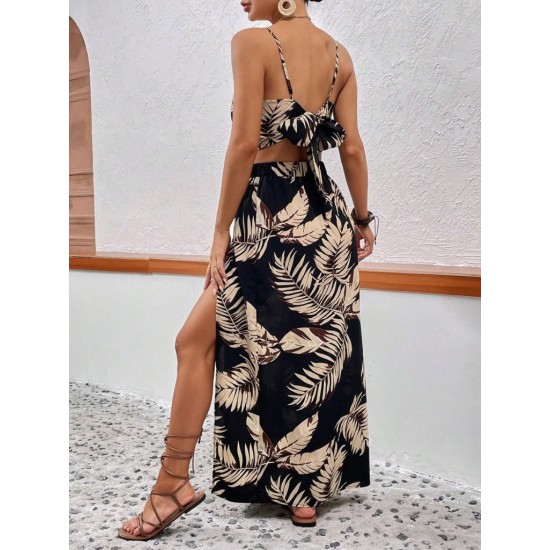 Kadın Ip Askılı V Yakalı Arkadan Bağlamalı Desenli Süprem Krop Bluz Ve Uzun Yandan Yırtmaçlı Etek, 31308