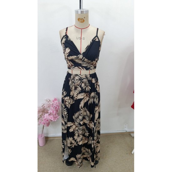 Kadın Ip Askılı V Yakalı Arkadan Bağlamalı Desenli Süprem Krop Bluz Ve Uzun Yandan Yırtmaçlı Etek, 31308