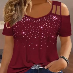 Kadın Kısa Kollu Omuzlardan Açık Taşlı Viskon Bluz, 31307 Kadın Kısa Kollu Omuzlardan Açık Taşlı Viskon Bluz, 31307