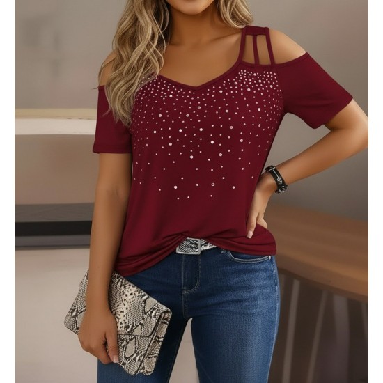 Kadın Kısa Kollu Omuzlardan Açık Taşlı Viskon Bluz, 31307