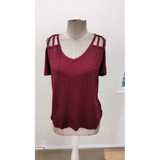 Kadın Kısa Kollu Omuzlardan Açık Taşlı Viskon Bluz, 31307