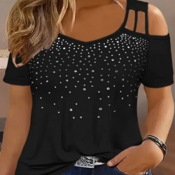 Kadın Kısa Kollu Omuzlardan Açık Taşlı Viskon Bluz, 31306 Kadın Kısa Kollu Omuzlardan Açık Taşlı Viskon Bluz, 31306