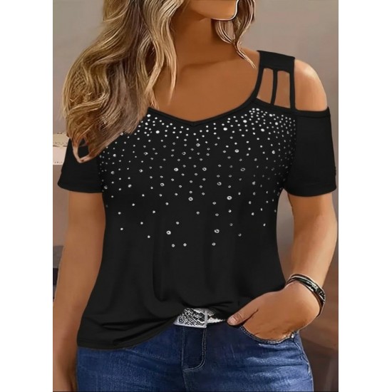 Kadın Kısa Kollu Omuzlardan Açık Taşlı Viskon Bluz, 31306 Kadın Kısa Kollu Omuzlardan Açık Taşlı Viskon Bluz, 31306