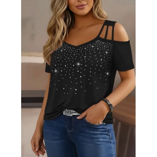 Kadın Kısa Kollu Omuzlardan Açık Taşlı Viskon Bluz, 31306 Kadın Kısa Kollu Omuzlardan Açık Taşlı Viskon Bluz, 31306