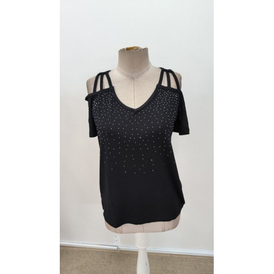 Kadın Kısa Kollu Omuzlardan Açık Taşlı Viskon Bluz, 31306 Kadın Kısa Kollu Omuzlardan Açık Taşlı Viskon Bluz, 31306