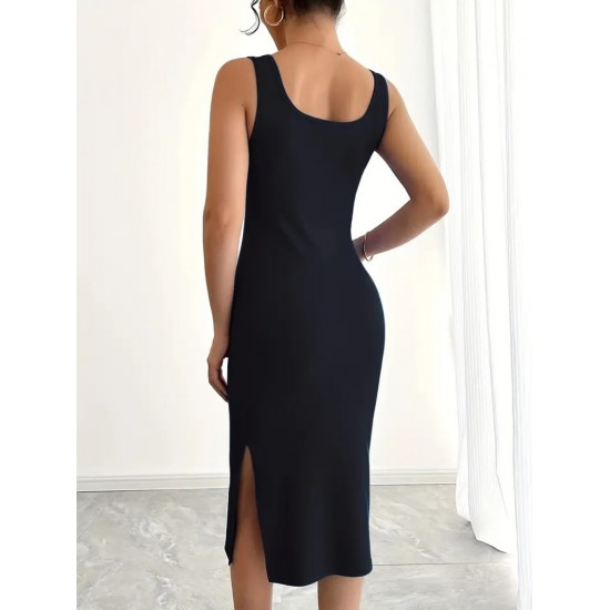 Kadın Askılı Kare Yaka Yandan Yırtmaçlı Midi Kaşkorse Elbise , 31304