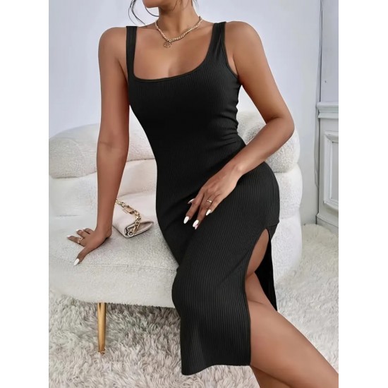 Kadın Askılı Kare Yaka Yandan Yırtmaçlı Midi Kaşkorse Elbise , 31304