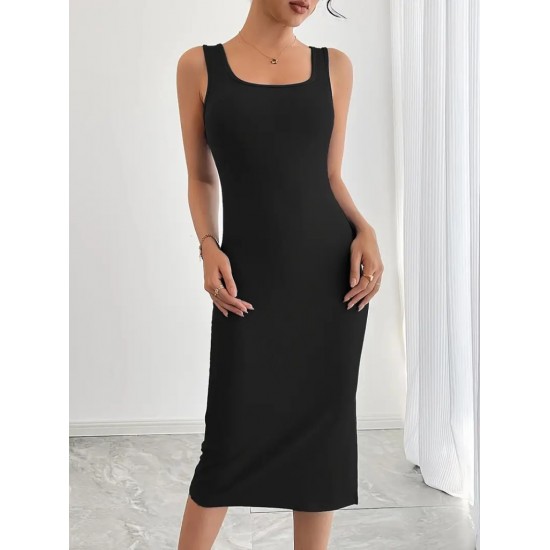 Kadın Askılı Kare Yaka Yandan Yırtmaçlı Midi Kaşkorse Elbise , 31304