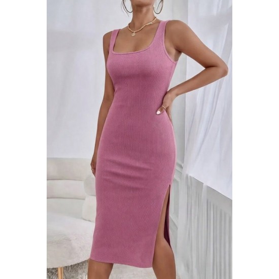 Kadın Askılı Kare Yaka Yandan Yırtmaçlı Midi Kaşkorse Elbise , 31302