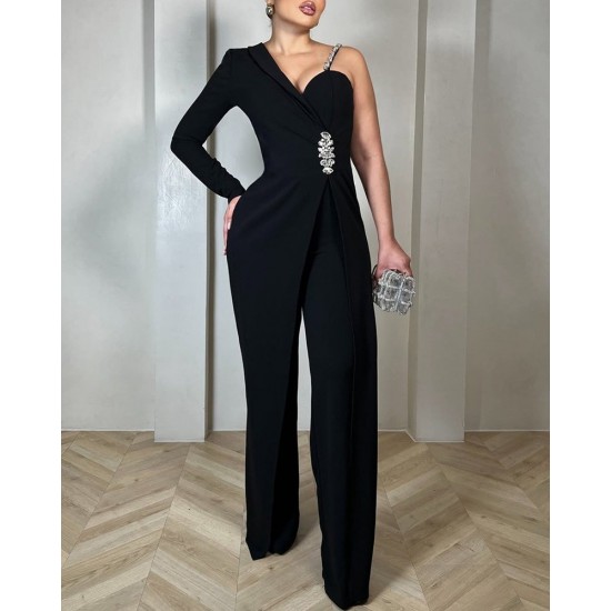 Kadın Tek Omuzdan Askılı Uzun Kollu Yakalı Yandan çiçek Aksesuar Detaylı Ithal Krep Tulum, 31315 Kadın Tek Omuzdan Askılı Uzun Kollu Yakalı Yandan çiçek Aksesuar Detaylı Ithal Krep Tulum, 31315