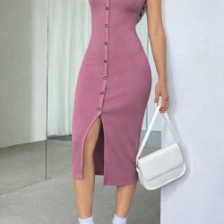 Kadın Askılı Kare Yakalı önden Düğmeli Midi Kaşkorse Elbise , 31320