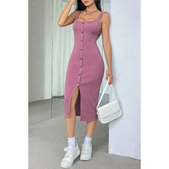 Kadın Askılı Kare Yakalı önden Düğmeli Midi Kaşkorse Elbise , 31320