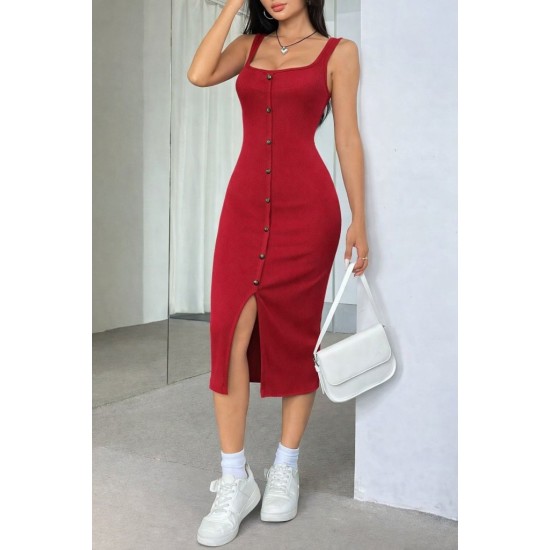 Kadın Askılı Kare Yakalı önden Düğmeli Midi Kaşkorse Elbise , 31319