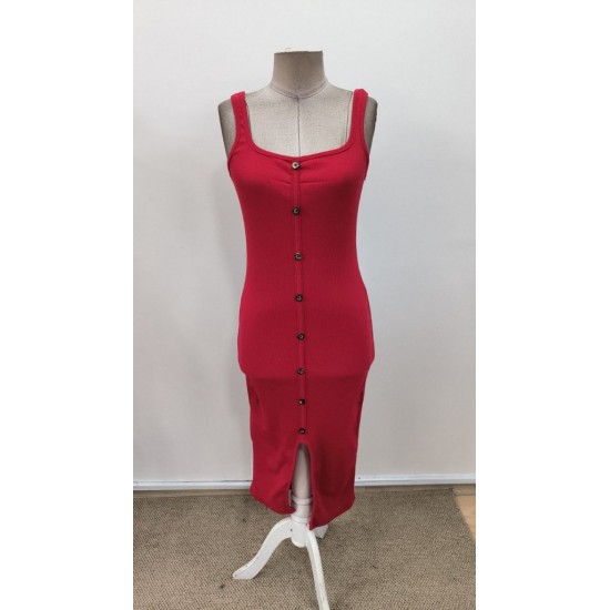 Kadın Askılı Kare Yakalı önden Düğmeli Midi Kaşkorse Elbise , 31319