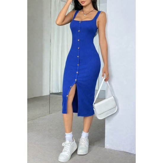 Kadın Askılı Kare Yakalı önden Düğmeli Midi Kaşkorse Elbise , 31318