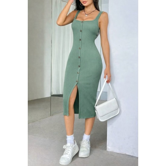 Kadın Askılı Kare Yakalı önden Düğmeli Midi Kaşkorse Elbise , 31317