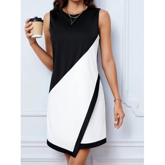 Kadın Askılı Bisiklet Yaka Kemersiz Asimetrik Kesim çift Renkli Kısa Ithal Krep Elbise , 31316