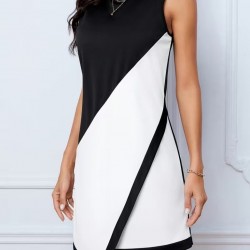 Kadın Askılı Bisiklet Yaka Kemersiz Asimetrik Kesim çift Renkli Kısa Ithal Krep Elbise , 31316