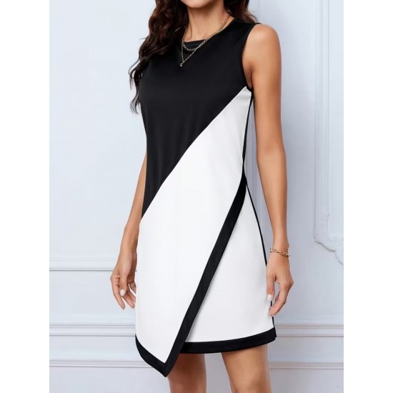 Kadın Askılı Bisiklet Yaka Kemersiz Asimetrik Kesim çift Renkli Kısa Ithal Krep Elbise , 31316