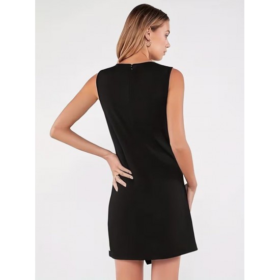 Kadın Askılı Bisiklet Yaka Kemersiz Asimetrik Kesim çift Renkli Kısa Ithal Krep Elbise , 31316