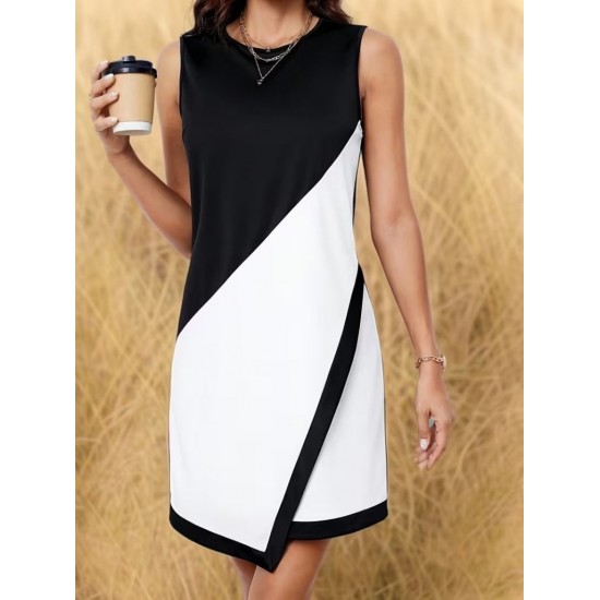 Kadın Askılı Bisiklet Yaka Kemersiz Asimetrik Kesim çift Renkli Kısa Ithal Krep Elbise , 31316