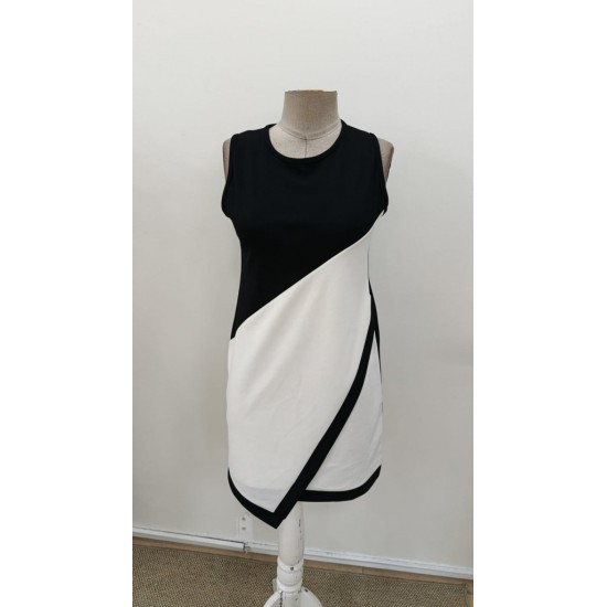 Kadın Askılı Bisiklet Yaka Kemersiz Asimetrik Kesim çift Renkli Kısa Ithal Krep Elbise , 31316