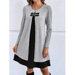 Kadın Uzun Kollu önü Tokalı şardonlu Kaşkorse Iç Kısmı Viskon Midi Elbise Ikili Takım , 31327