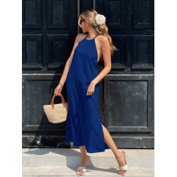 Kadın Omuzlardan Açık Boyundan Bağlamalı Arkası çapraz Detaylı Uzun Viskon Elbise , 31338