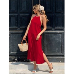 Kadın Omuzlardan Açık Boyundan Bağlamalı Arkası çapraz Detaylı Uzun Viskon Elbise , 31337