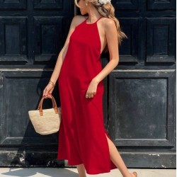 Kadın Omuzlardan Açık Boyundan Bağlamalı Arkası çapraz Detaylı Uzun Viskon Elbise , 31337