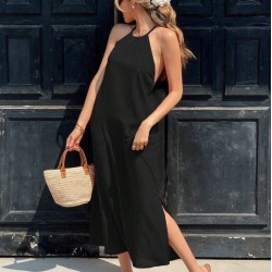 Kadın Omuzlardan Açık Boyundan Bağlamalı Arkası çapraz Detaylı Uzun Viskon Elbise , 31335