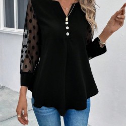 Kadın Uzun Kollu Yakadan Düğmeli Kolları Tül Detaylı Viskon Bluz, 31333