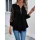 Kadın Uzun Kollu Yakadan Düğmeli Kolları Tül Detaylı Viskon Bluz, 31333