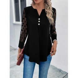 Kadın Uzun Kollu Yakadan Düğmeli Kolları Tül Detaylı Viskon Bluz, 31333