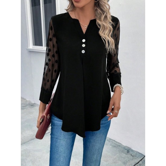 Kadın Uzun Kollu Yakadan Düğmeli Kolları Tül Detaylı Viskon Bluz, 31333