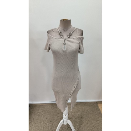 Kadın Askılı önü Fermuarlı Asimetrik Kesim Detaylı Kalın Fitilli Kaşkorse Elbise , 31329