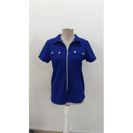 Kadın Kısa Kollu Ceket Yaka önü Fermuarlı Cep Detay Kısa Kol Ithal Krep Bluz, 31347