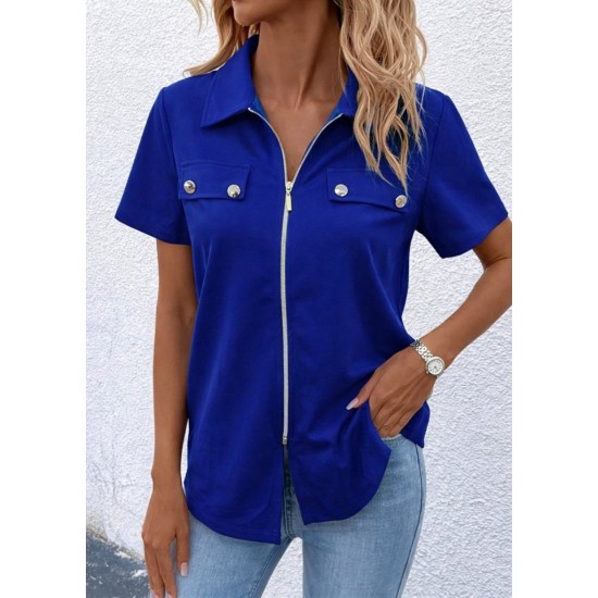 Kadın Kısa Kollu Ceket Yaka önü Fermuarlı Cep Detay Kısa Kol Ithal Krep Bluz, 31347