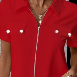 Kadın Kısa Kollu Ceket Yaka önü Fermuarlı Cep Detay Kısa Kol Ithal Krep Bluz, 31346