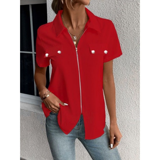 Kadın Kısa Kollu Ceket Yaka önü Fermuarlı Cep Detay Kısa Kol Ithal Krep Bluz, 31346