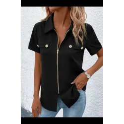 Kadın Kısa Kollu Ceket Yaka önü Fermuarlı Cep Detay Kısa Kol Ithal Krep Bluz, 31345