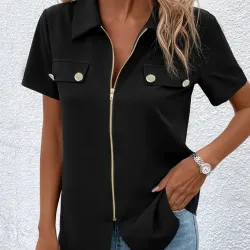 Kadın Kısa Kollu Ceket Yaka önü Fermuarlı Cep Detay Kısa Kol Ithal Krep Bluz, 31345 Kadın Kısa Kollu Ceket Yaka önü Fermuarlı Cep Detay Kısa Kol Ithal Krep Bluz, 31345