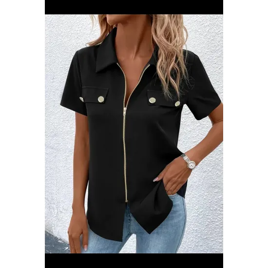 Kadın Kısa Kollu Ceket Yaka önü Fermuarlı Cep Detay Kısa Kol Ithal Krep Bluz, 31345