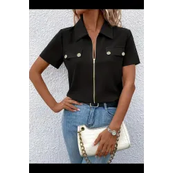 Kadın Kısa Kollu Ceket Yaka önü Fermuarlı Cep Detay Kısa Kol Ithal Krep Bluz, 31345 Kadın Kısa Kollu Ceket Yaka önü Fermuarlı Cep Detay Kısa Kol Ithal Krep Bluz, 31345