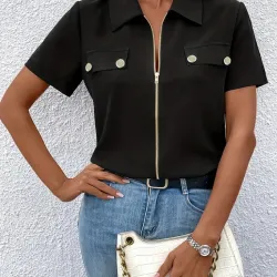 Kadın Kısa Kollu Ceket Yaka önü Fermuarlı Cep Detay Kısa Kol Ithal Krep Bluz, 31345