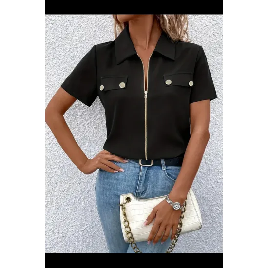 Kadın Kısa Kollu Ceket Yaka önü Fermuarlı Cep Detay Kısa Kol Ithal Krep Bluz, 31345