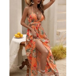 Kadın Ip Askılı Boyundan Bağlamalı V Yakalı Yırtmaçlı Uzun Desenli Süprem Elbise, 31352