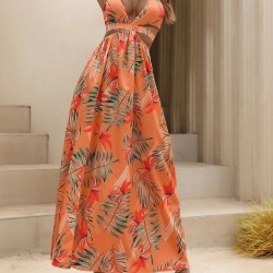 Kadın Ip Askılı Boyundan Bağlamalı V Yakalı Yırtmaçlı Uzun Desenli Süprem Elbise, 31352